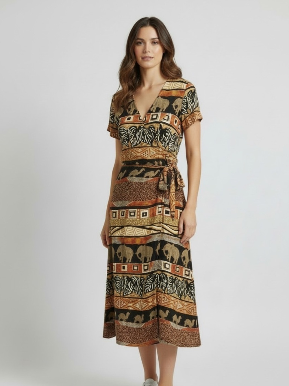 Jessica Howard wrap dress 6 Petite. Good condition.  Safari themed. Maxi wrap